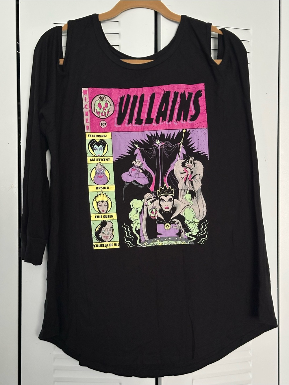 Disney Black Long Sleeve Cold-Shoulder Villains Graphic Tee with Neon Accents